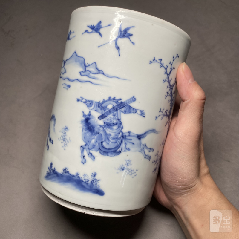 明崇祯 青花羌胡出猎图笔筒 - 图10